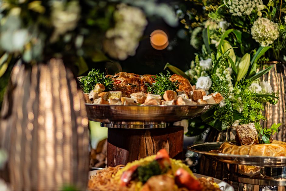 Elegant wedding catering food spread with beautiful presentation